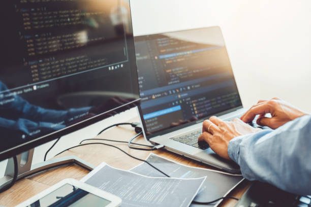 Developing programmer Development Website design and coding technologies working in software company office