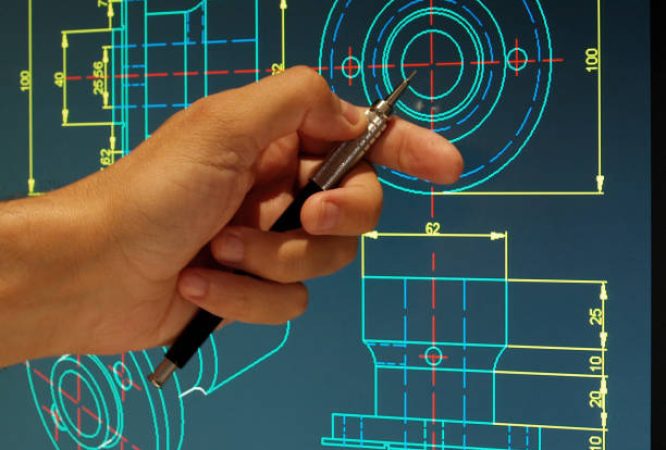 engineer working on mechanical piece cad blueprint design